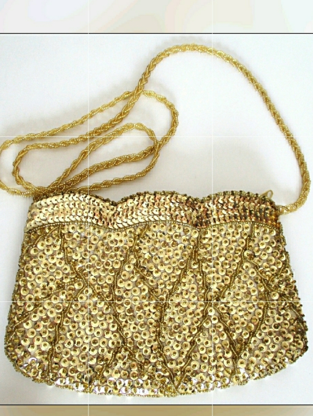 La Regale Gold Sequin Beaded Purse Vintage Zipper Long Beaded Handle Shiny